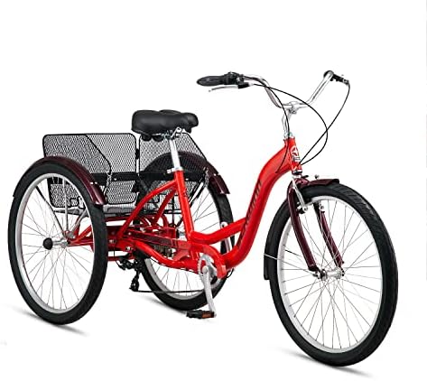 Schwinn Meridian Adult Tricycle Bike, Mens and Womens Three Wheel Beach Cruiser, 26-Inch Wheels, Low Step-Through Frame, Wide Seat, Rear Folding Basket, 7-Speed, Red