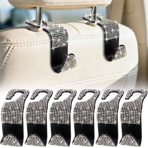 BFXM 6 Pack Bling Car Seat Headrest Hooks, Rhinestone Purse Hook for Car, Universal Storage Organizer for Handbag Grocery Bags Coats, Bling Car Accessories for Women (Bling Colorful)