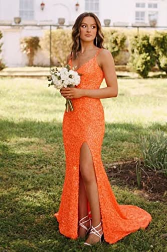 YMSHA Spaghetti Strap V Neck Sequin Prom Dresses for Teens High Slit Long Evening Party Dress YMS2452