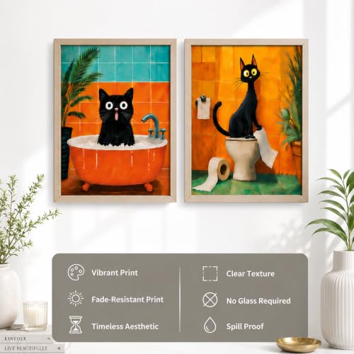 Image of PAINTINGMANTRA Quirky Black Cat Bathroom Wall Art Painting For Living Room, Whimsical Bathtub Framed Painting, Cute Aesthetic Cat Framed Wall Art for Bathroom, Restroom & Washroom Decor, 9x13 Inch