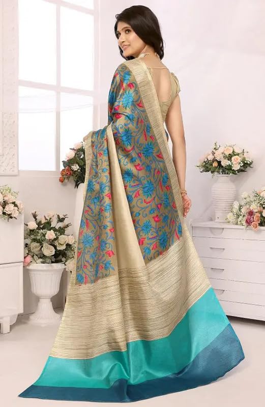 Sari indio de seda artística con estampado elegante y blusa sin coser 3
