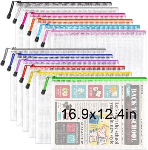 Umriox Zipper Pouch, 16.9x12.4 in (12 Colors, 12 Packs), Extra Large Zipper Bags, Waterproof Zipper Pouches for Office Supplies, Puzzles, Board Game Storage & Cross Stitch Projects