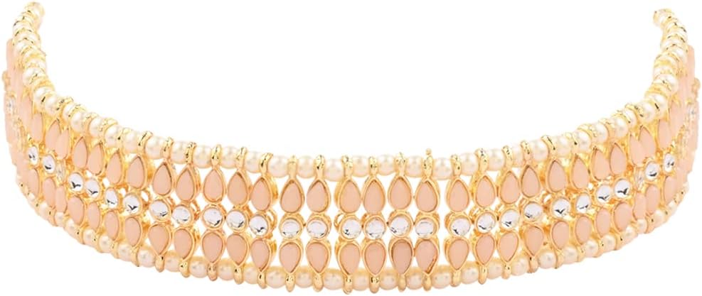 I Jewels Gold Plated Indian Wedding Bollywood Gold Pearl & Kundan Studded Choker Necklace Jewellery Set For Women (K7209)