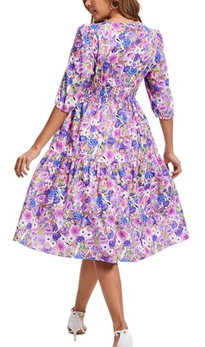Image of Kormei Women Summer Casual Boho Floral Round Neck 3 /4 Sleeve Smocked Waist Tiered Flowy Swing Midi Dress S Purple /Blue Floral