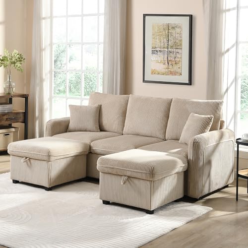 Merax Multifunktionales Ecksofa, 3-Sitzer Polster-Sofa mit Schlaffunktion, mit 2 Staufunktion Hocker, mit 2 Schubladen, modular zerlegbar, Cord-Stoff, für kleine Wohnungen, Beige Merax Multifunktionales Ecksofa, 3-Sitzer Polster-Sofa mit Schlaffunktion, mit 2 Staufunktion Hocker, mit 2 Schubladen, modular zerlegbar, Cord-Stoff, für kleine Wohnungen, Beige