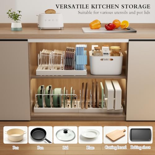CICUFY 2 Pack Pots and Pans Organizer Under Cabinet, 23" Pot Lid Holder Rack Inside Cabinet with 10 Adjustable Dividers, Pan Lid Organizer with Guardrail For Kitchen Countertop, White - Image 5