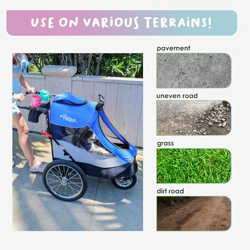 Image of Petique Trailblazer Pet Jogger /Stroller, Bike Trailer, Shock Absorbing Bike Wheels, Large Entry Way, Peek-a-Boo Window, Small /Medium /Large Dogs, Cats and Pets, Supports up to 77LBS - Atlas (Blue)