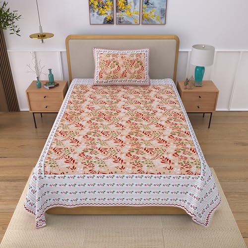 Image of 100% Cotton Single Bedsheet with 1 Pillow Cover | 240 TC Pure Cotton Flat Bed Sheet | Traditional Jaipuri Printed Bedding Set | Soft & Breathable | 60 x 90 Inch (Rangmahal Single 24)