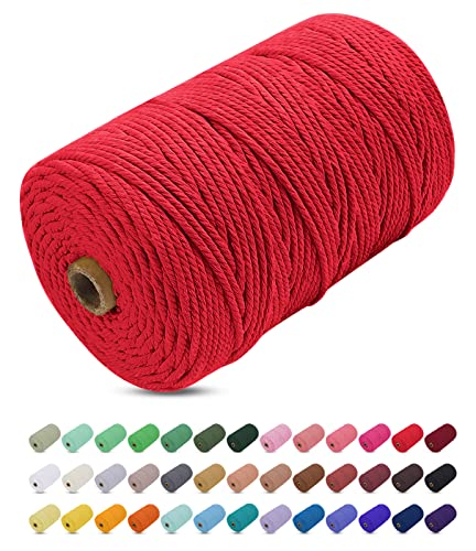 Uiopa Corda Macrame 3mm x 200m, Filo Macrame Cordoncino Cotone Naturale Spago Colorato Cordino per Borse Uncinetto, Wall Hanging, Decorazioni, Fai da Te, Piante da Appendere (Rosso)