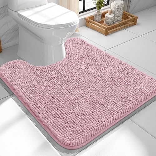 Image of OLANLY Toilet Rugs U-Shaped 24x24, Extra Soft Absorbent Chenille Contour Bathroom Rugs for Toilet, Dry Quickly, Machine Washable, Non-Slip Bath Mat, Dusty Rose