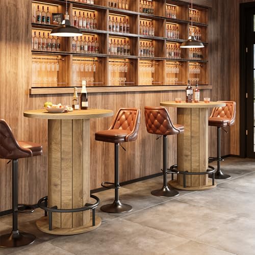 Image of Tribesigns Round Dining Table Set of 2, Bar Height Commercial Kitchen Table with Wood Strip Base and Footrest, for Dining Room, Restaurant, Cafe, Bakery, Pub, Apartment, Black (Only Table)