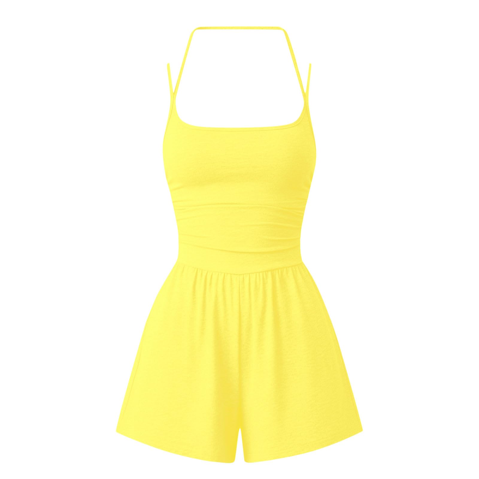 Tuta da donna con spalline sottili, con schiena scoperta, estiva, senza maniche, a gamba larga, scollo a U, spalline incrociate sul retro, pagliaccetto