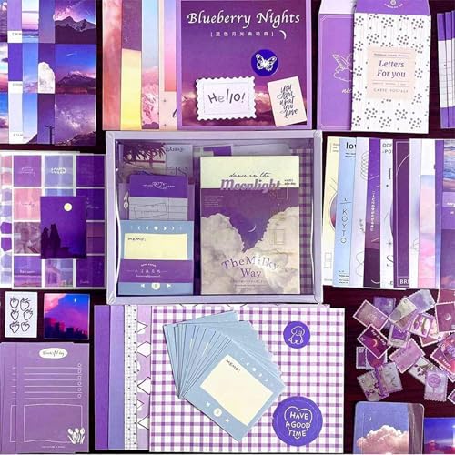 Image of VOTDOT (346Pcs) Paper Junk Journal & Scrapbook Kit, Scrapbooking Supplies Kit with Creative Decor Journaling Supplies, Stationery, Stickers, A6 Grid Notebook with Graph Ruled Page Gift for Girl & Adult (purple moon light)