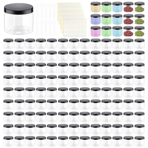 170 Pcs 2 oz Plastic Container Jars with Lids, Empty Round Cosmetic Jars with 5 Labels 3 Facial Mask Spoons, for Lotion, Cream, Makeup, Eye Shadow, Rhinestone, Samples, Travel Storage(Black)