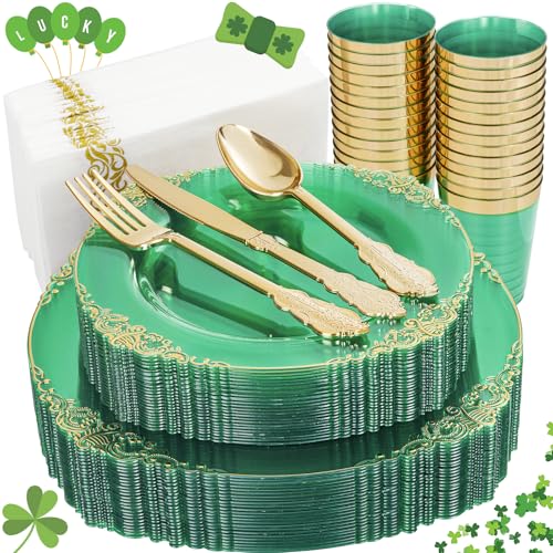 Image of Hioasis 175pcs Clear Green Plastic Plates - Green Gold Plastic Plates Disposable include 25Dinner Plates 25Dessert Plates 25Knives 25Forks 25Spoons 25Cups 25Napkins for St. Patrick's Day & Wedding