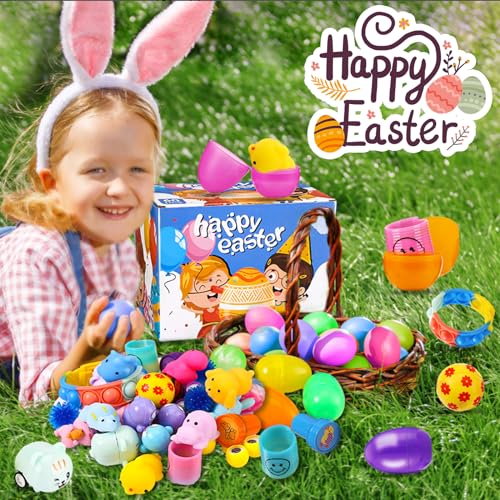 Zunaco 60PCS Prefilled Easter Eggs with Toys Inside, Easter Basket Eggs Filled Stuffers, Easters Theme Party Favors Fidget Hunting Assortment Toys, Treasure Box Party Supplies — view 6