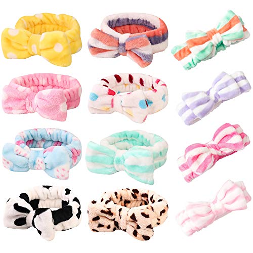 Hedume 12 Pack Bow Hair Band, Spa Headband, Soft Carol Fleece Hairlace Headband Cosmetic Headband for Washing Face, Shower, Spa, Mask