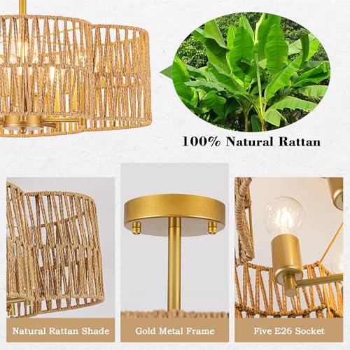 5-Light Rattan Light Fixture, 20" Boho Flush Mount Ceiling Light, Rattan Semi Flush Mount Light Fixture with Hand-Woven Quatrefoil Shade, Wicker Light Fixtures for Kitchen Nursery Living Room Bedroom - Image 5
