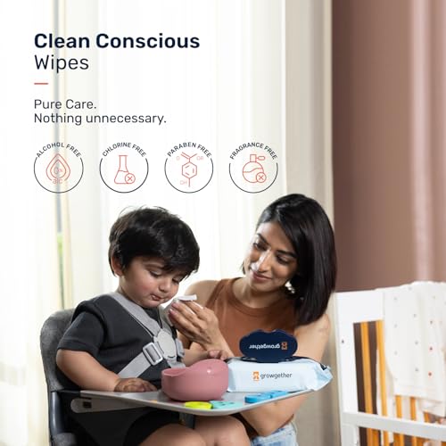 Image of Growgether Baby Wet Wipes | 72 Wipes (Pack of 4) | 99.9% Pure RO Water Based & Dermatologically Tested | Alcohol & Plastic Free | No Added Synthetic Fragrance | Extra Thick Embossed | Ideal for Sensitive Skin