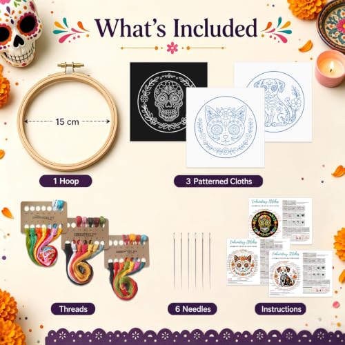 Image of Nuberlic 3 Pack Embroidery Kit for Beginners, Day of the Dead Needlepoint | Beginner Friendly Day Of The Dead Embroidery Kit Handmade Gift Pre Printed Patterns Complete Cross Stitch Starter Kit DIY