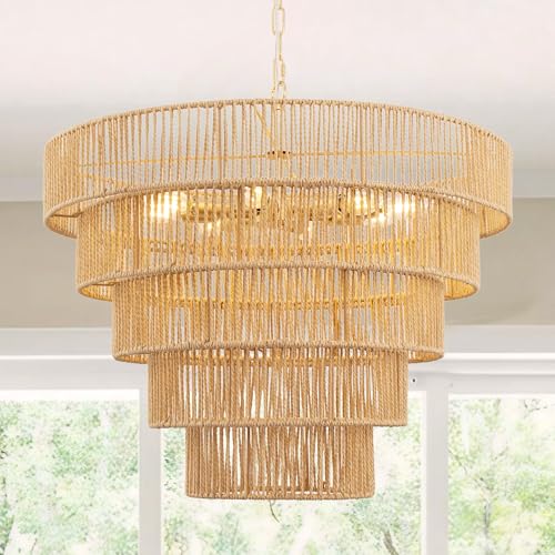DORESshop 8-Light Boho Rattan Chandelier for Dining Room, 5-Tier Hand-Woven Brown Farmhouse Chandelier, Adjustable Height, Wicker Rattan Chandelier for Dining Room, Kitchen Island, Living Room, 25.6