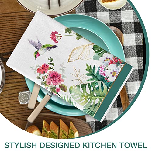 Seliem Summer Hummingbird Geranium Flower Bird Kitchen Dish Towel 2 Pack, Tropical Palm Leaf Monstera Plant Floral Hand Drying Baking Cloth, Spring Botanical Greenery Green Decor Home Decoration 18X26 #TOP4