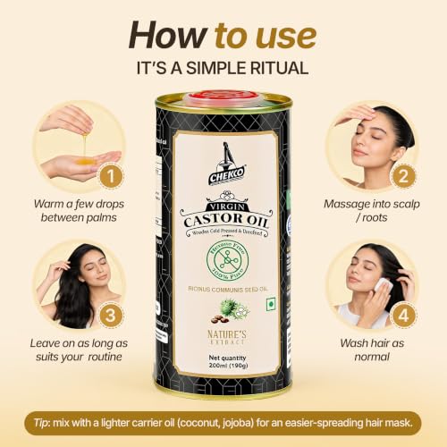 Image of Chekko Cold Pressed Castor Oil Edible (Arandi) 200ml | 100% Pure & Natural Wood Pressed Virgin Castor Oil for Hair & Skin Care, Body Massage | Moisturization & Wellness For Men & Women