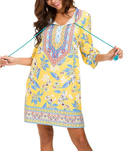 Image of Women Bohemian Neck Tie Vintage Printed Ethnic Style Summer Shift Dress
