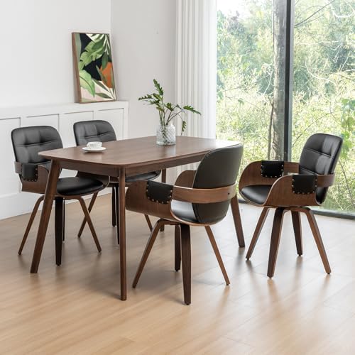 ALLFONIS Set of 4 Mid Century Modern Chairs - Swivel Dining Chairs with Arms and Curved Back, Faux Leather Reception Room Chairs, Ideal for Kitchen/Living Room/Reception/Desk (Walnut Black)