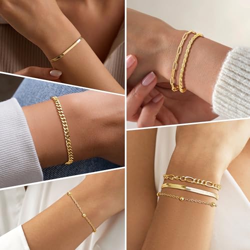 Gold Stack Chain Bracelets for Women Non Tarnish, 14K Gold Plated Bracelets Set for Women, Waterproof Layered Trendy Dainty Thin Cuban Link Paperclip Bracelet Pack for Jewelry Gifts3