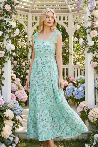 Image of Opemiby Womens Maxi Dress Spring Summer Sleeveless Lace Strap Empire Waist A Line Side Pockets Beach Casual Long Dresses