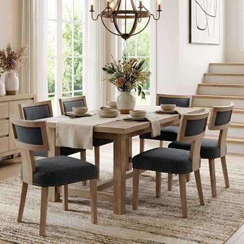 Image of HNY Mid Century Modern Dining Chairs Set of 6, Farmhouse Linen Fabric Upholstered Accent Chairs Curved Nailhead Trim Backrest Kitchen Chairs, with Hardwood Frame, Charcoal