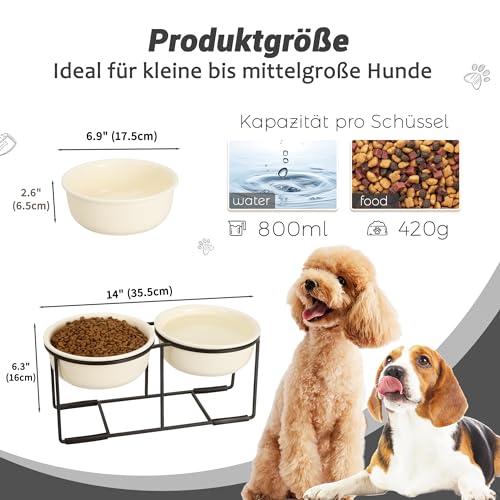 Hundenapf Set Erhöht Hundenäpfe Keramik - Fressnapf Hund 2er Set mit Rutschfestem Metallständer - Doppelnapf Hund für Futter und Wasser - Ideal für Kleine und Mittelgroße Hunde - 2 x 800 ml - Beige