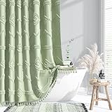 Dynamene 72 x 78 Inch Long Fabric Shower Curtain, Tall Boho Farmhouse Tufted Geometric Striped Tassel Shower Curtain, Large Shabby Chic Textured Waterproof Cloth Shower Curtain Set Hook, Sage Green