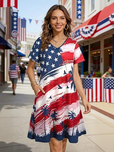 Image of MYHALF 4th of July Patriotic Dress for Women - American Flag V Neck T Shirt Dress Red White and Blue Summer Dresses