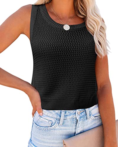 Image of FISACE Womens Crochet Tank Top Sleeveless Knit Summer Sweater | Round Neck, Hollow Out, Lightweight , Casual Crop,Cute Boho Vest