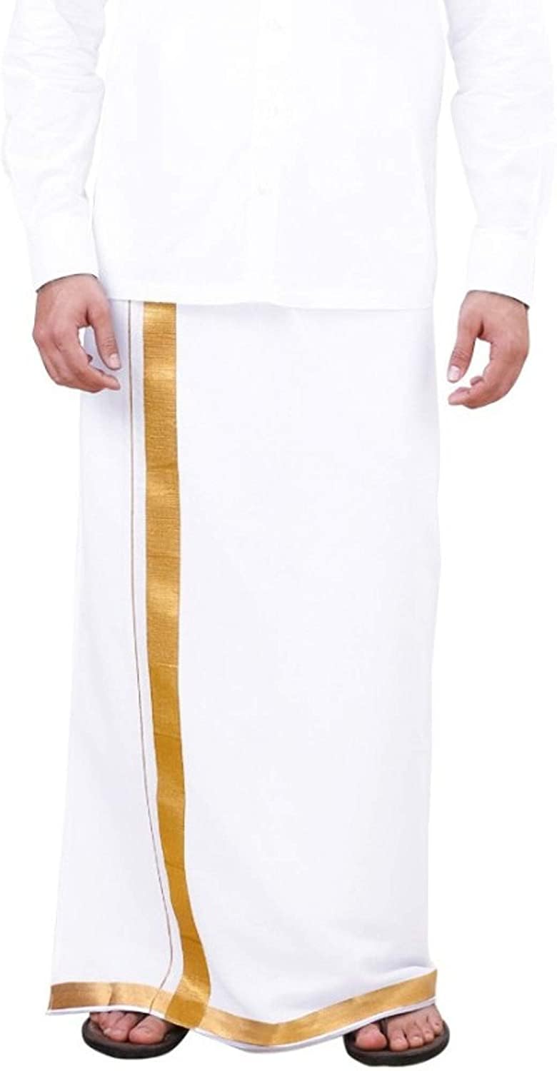Sudhacreations Men's Cotton Dhoti with Golden Border, 4 Metre, Traditional White-image-37