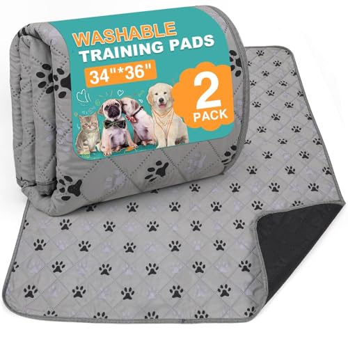 Image of FUWERY Washable Pee Pads for Dogs ,34 inchX36 inch, Thick Heavy Absorbency Reusable, Prevent Leakage, Non-Slip Pee Pads for Puppy Playpen,Potty Training, Grey, 2 Packs