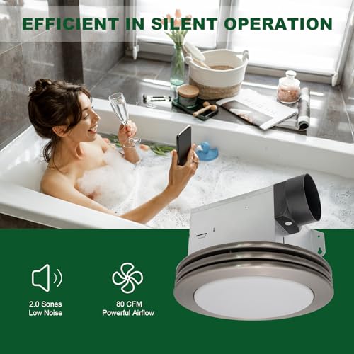 Image of Akicon Bathroom Exhaust Fan with Shower Light, 80 CFM 2.0 Sones Round Bathroom Fan Light Combo, Dimmable 3CCT LED Lights Vent Fans with Acrylic Cover for Shower Room, Home (Brushed Nickel)