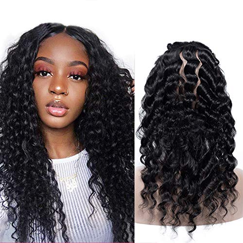 DAIMER HAIR 360 Frontal Deep Wave Full Lace Closure Pre Plucked Brazilian Virgin Hair Remy Hair 130% Density Unprocessed Human Hair Natural Black with Baby Hair (16 Inch)