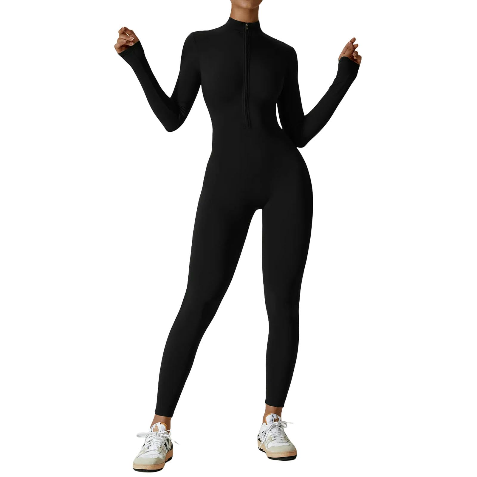 Shapewear damski kombinezon treningowy z długim rękawem kombinezon z zamkiem błyskawicznym Up Bottom spodnie Bodycon Sexy One Piece-rozszerzony czarny M