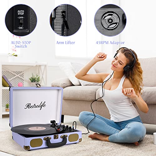 Image of Vinyl Record Player 3-Speed Bluetooth Suitcase Portable Belt-Driven Record Player with Built-in Speakers RCA Line Out AUX in Headphone Jack Vintage Turntable Purple
