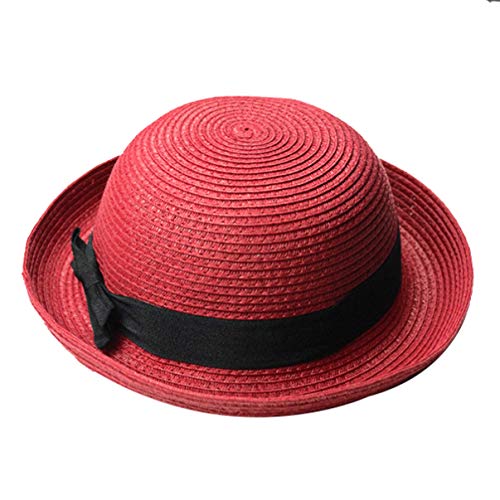 STOBOK Women Bowknot Roll-up Wide Brim Dome Straw Sun Hat Packable Summer Beach Hat for Outdoor and Travel Fits Head Circumference 22 to 23 Inches Sky