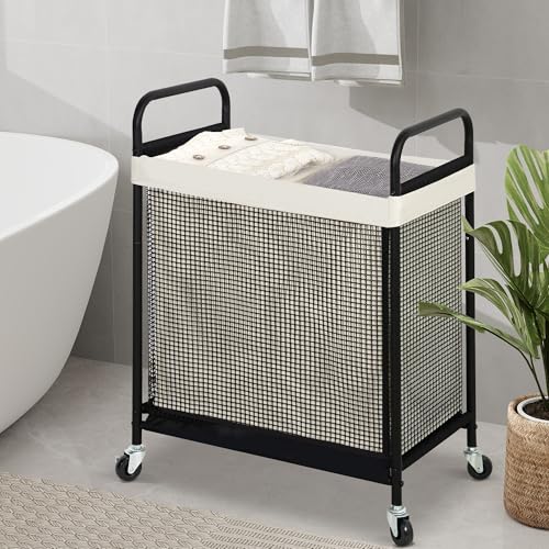 STO STO Laundry Hamper 2 Section, 100L Rolling Laundry Sorter Cart with Removable and Washable Liner Bag, Clothes Hamper with Wheels and Metal Handle for Laundry Room and Bedroom - Thumbnail 3