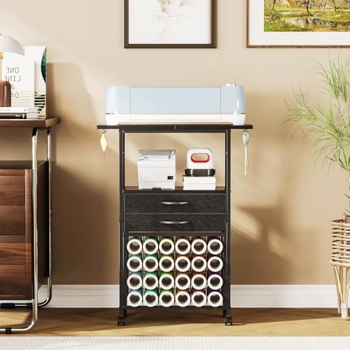 Image of VENNQD Organizer and Storage Stand Compatible with Cricut Machines, Rolling Storage Cart /Shelf with 24 Vinyl Roll Holders, 2 Fabric Drawer, Accessories Holder, Tool Hook for Craft Room Home (Black)
