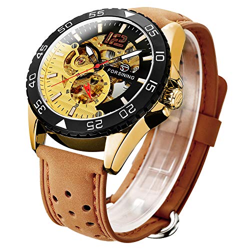Men's Watch, Mechanical Two-Tone Face Skeleton Steampunk Design Automatic Self-Winding Arabic Numeral Wrist Watch