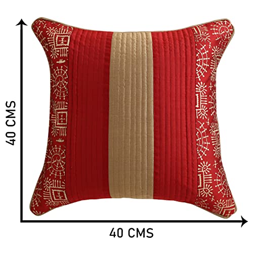 Image of Gifts Island Combo Silk Traditional Striped & Rajasthani Warli Golden Hand Printed Pillow Cushion Covers 16x16 inches Set of 5 & Round Pillow Bolster Covers Set of 2 16x32 inches (Red)