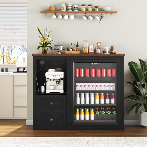 Image of 47.2 inch Coffee Bar Cabinet with Mini Fridge Space, Farmhouse Wine Bar Cabinet with Storage Drawers, Fridge Cabinet with Power Outlet, Sliding Shelf for Kitchen Dining Room, Black