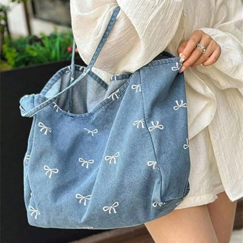 Chic Denim Bow Handbag - Kawaii Vintage Message Bag for Women, Large Capacity Casual Shoulder Bag, Perfect Travel4