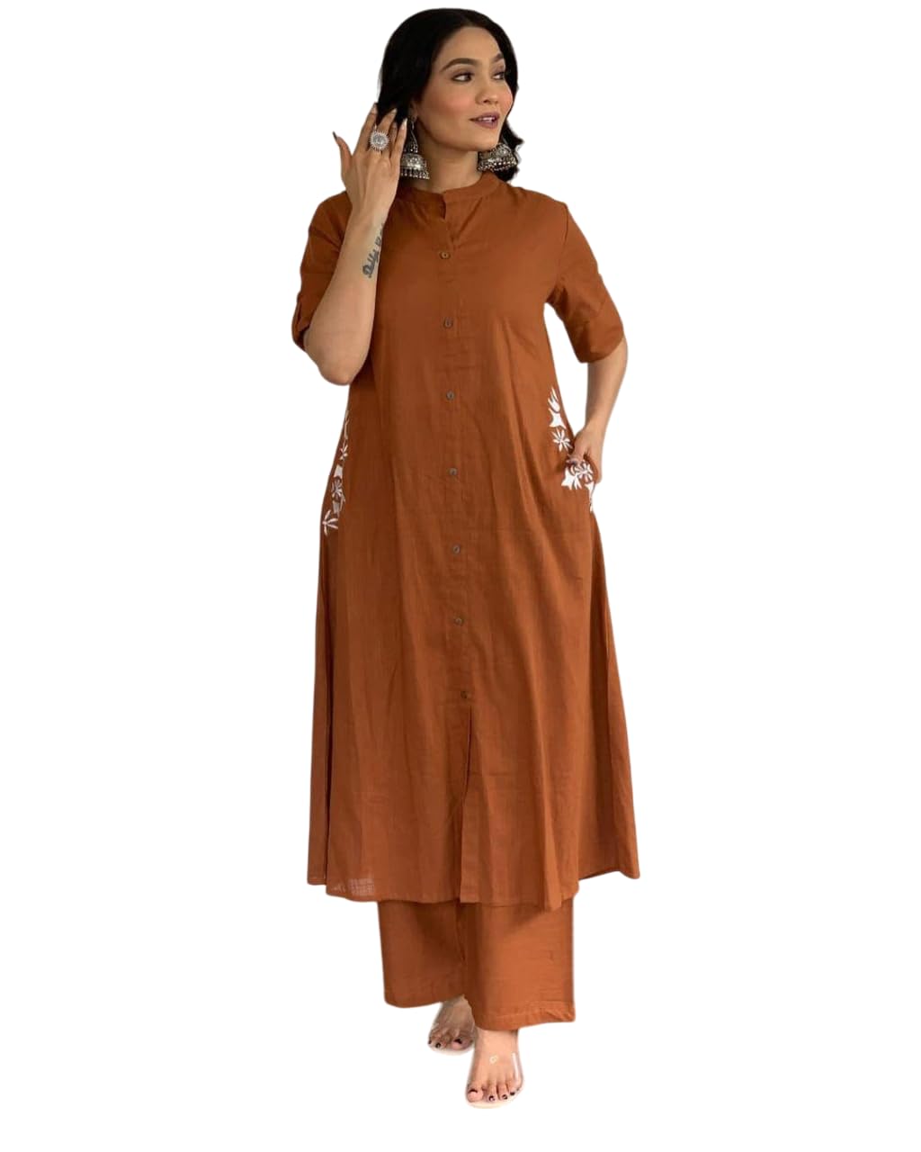 EKRAFT Bharat Women's Cotton Embroiderd Long A-Line Kurti with Palazzo (Brown-XL)-image-28